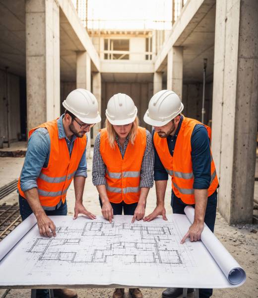 construction-workers-examining-architectural-blueprint